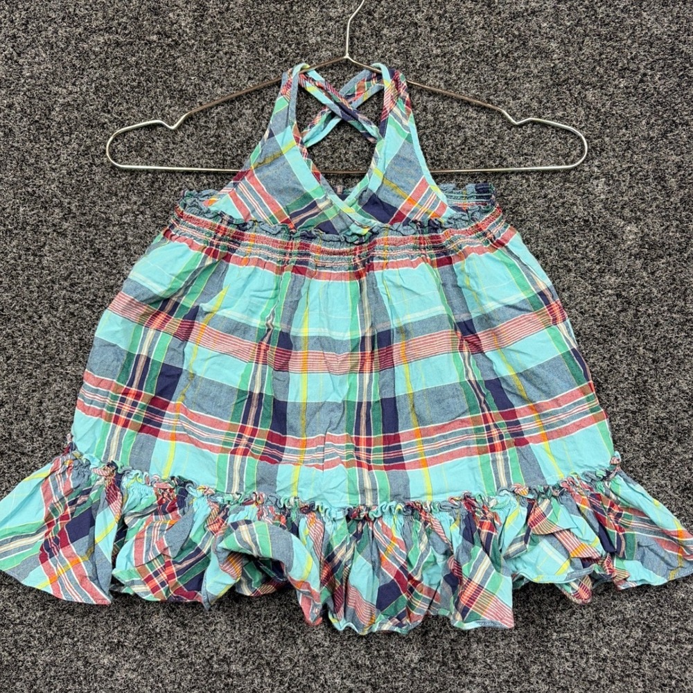 Ralph Lauren Halter Top Girl 24M Blue Plaid Ruffle Cotton Summer Preppy Shirt